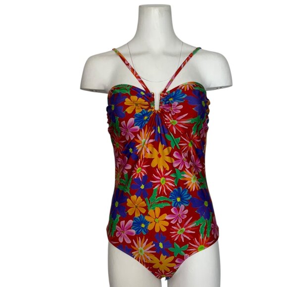 PatBo Aster Halterneck One Piece Swimsuit M Red Floral Summer Beach Coastal - Picture 1 of 13